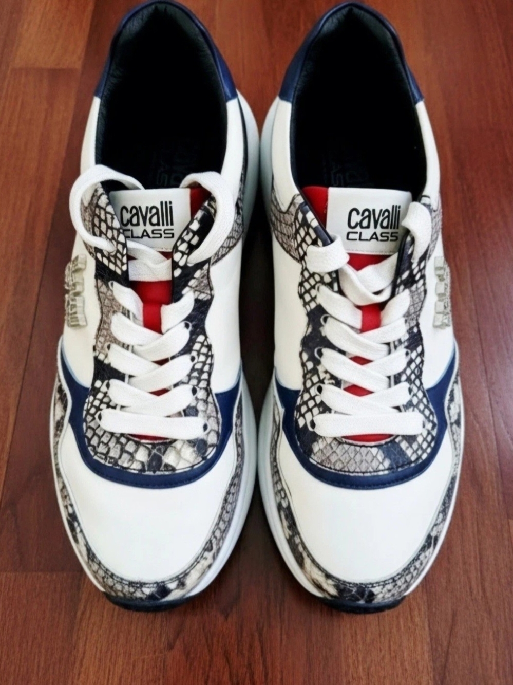 Cavalli Class Mens White Leather Sneakers with Navy & Red Accents Mens Size 10